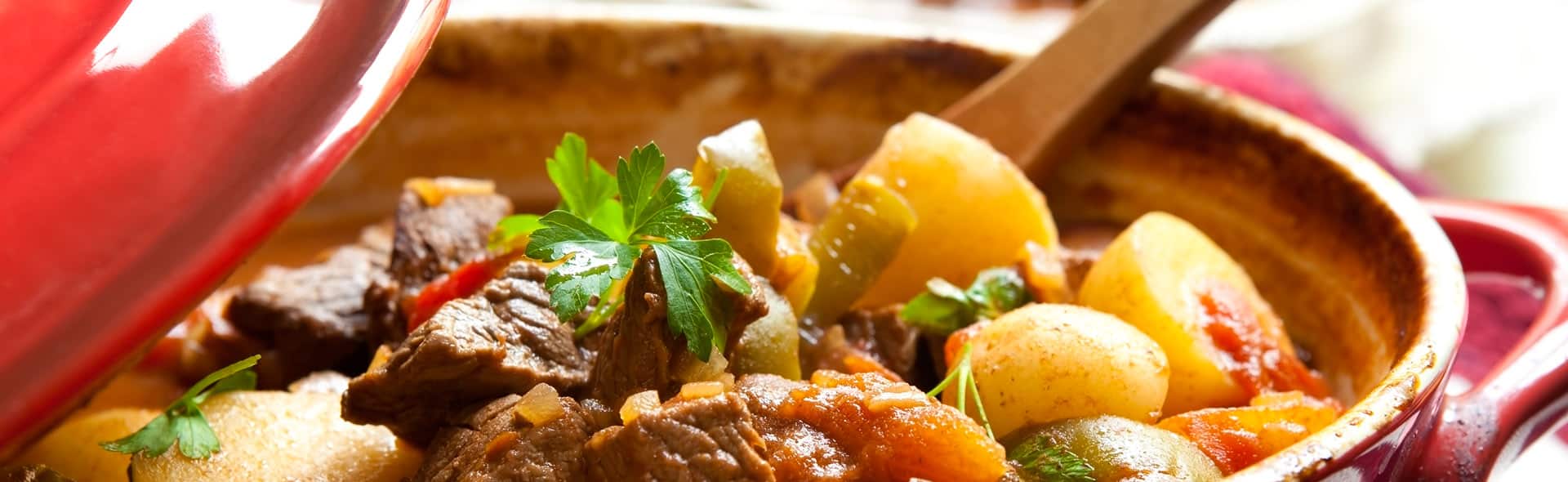 Hearty beef stew with potatoes and peppers